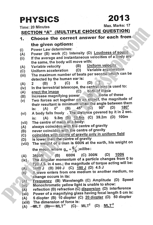 Physics-2013-five-year-paper-class-XI