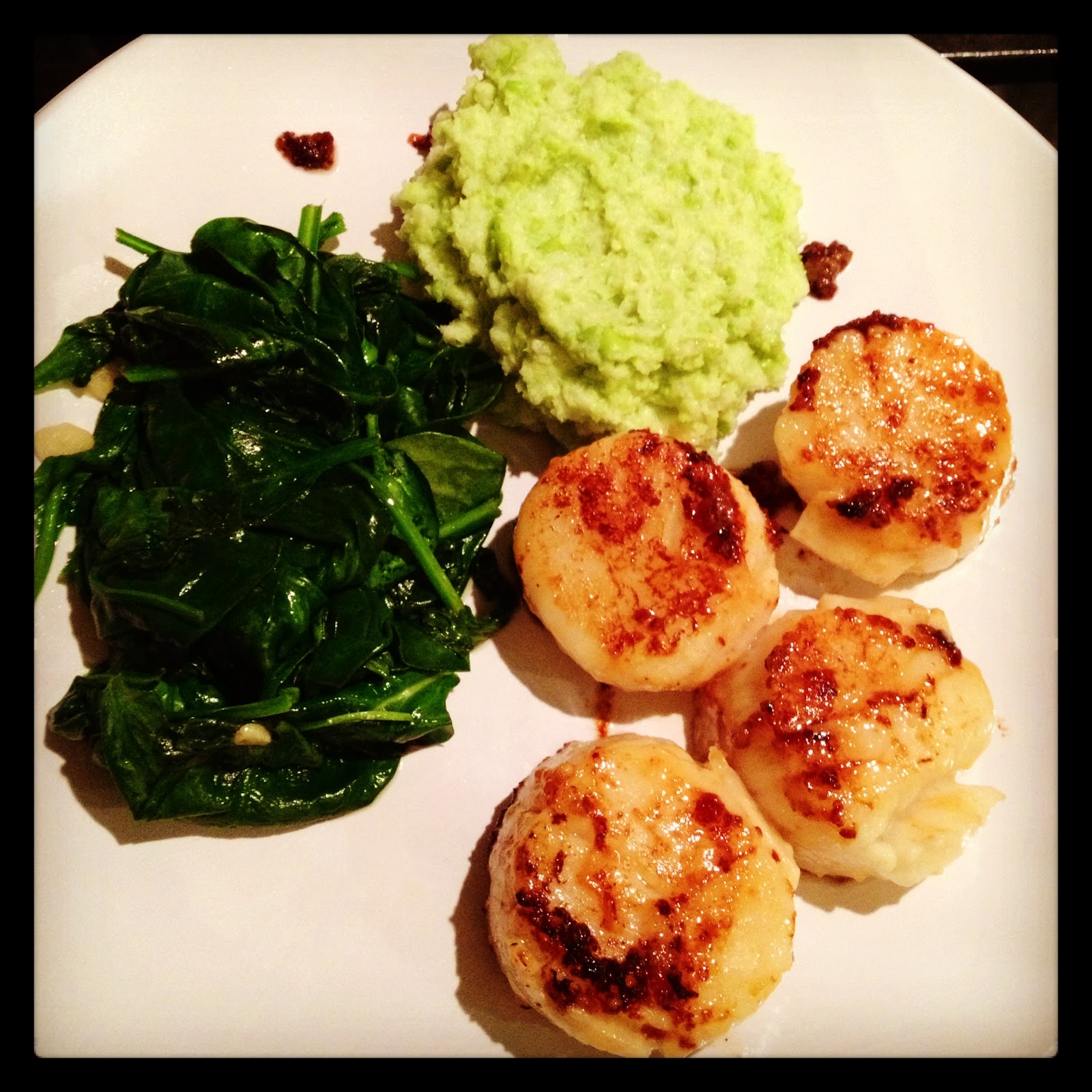 Pretty Little Feast Miso Glazed Scallops with Wasabi Mased Cauliflower and Edamame