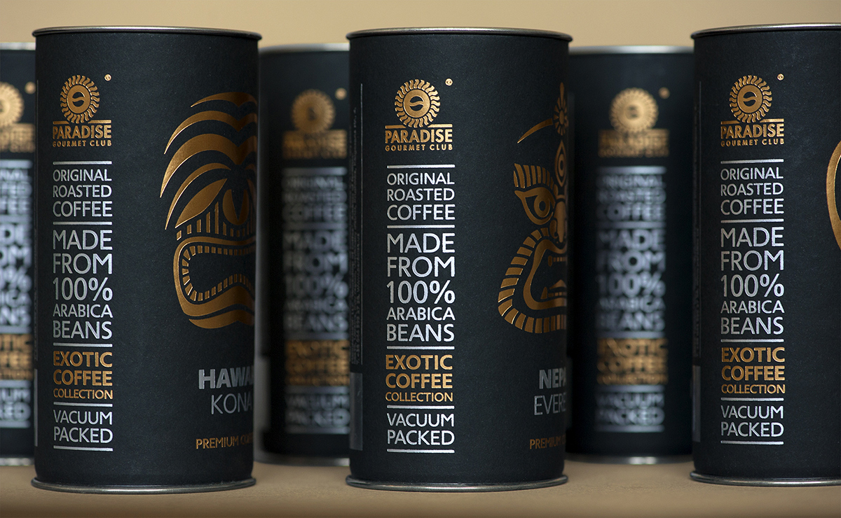 exotic coffee collection by paradise gourmet club on coffee packaging