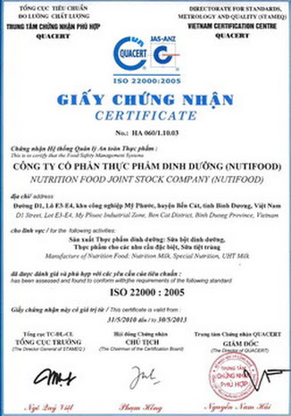Chứng nhận sữa nutifood phù hợp với hệ thống iso 2200:2005 Chứng nhận sữa nutifood phù hợp với hệ thống iso 2200:2005