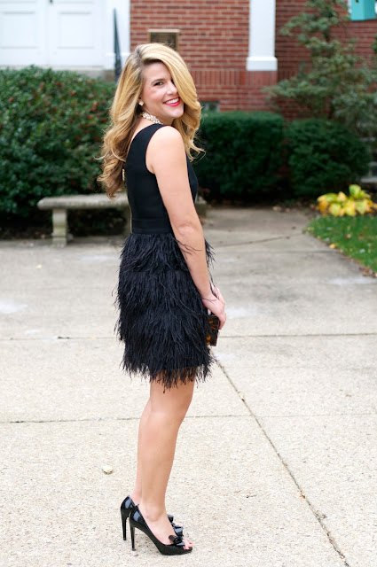 Black Dress with feathers and valentino bow pumps