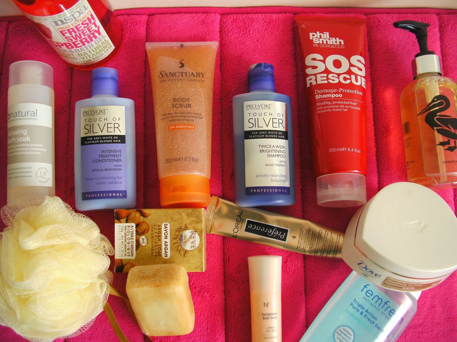 What's in my Shower - Hair, Shower & Bath Products. nspa, Sanctuary Spa, PROVOKE Touch of Silver, Phil Smith, Duck Island, L'Oreal, Dove Hair Mask, No7 Bath Soak, Argan Soap, bnatural, Shower Puff, Femfresh