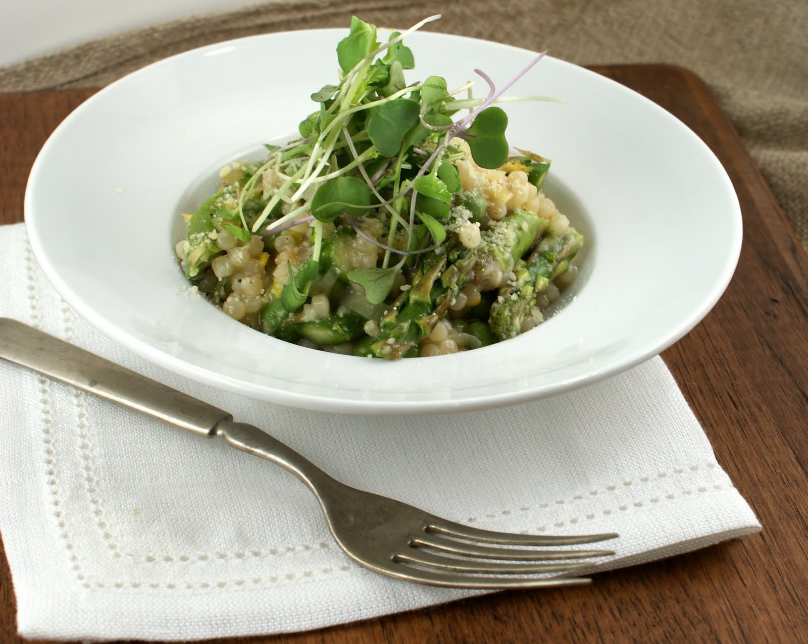 Authentic Suburban Gourmet English Pea and Asparagus Couscous Risotto