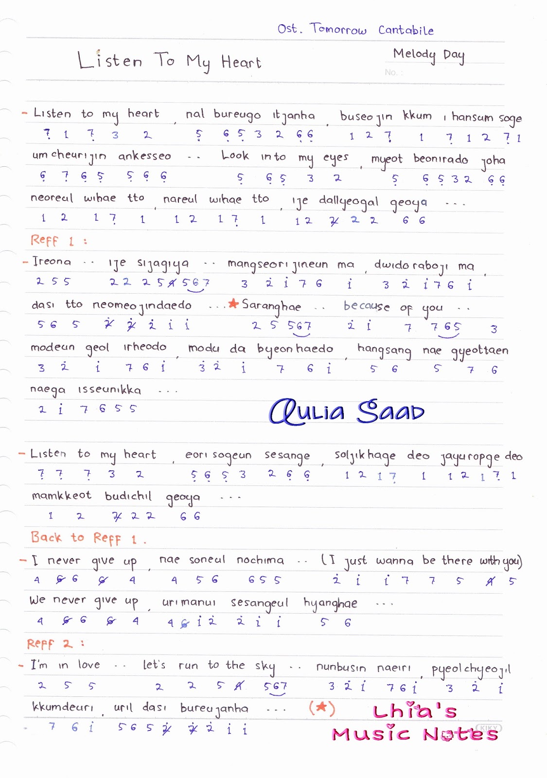 Not Angka Melody Day Listen To My Heart (Ost. Tomorrow