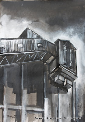 ink wash and gouache drawing on paper of White Bay Power Station, Rozelle by artist Jane Bennett