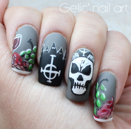 Gelic' Nail Art: 31DC2015 - Day 29; Ghost Bc Inspired Nail Art ... five ghouls and the Ghost BC logo. I know everything might not make sense if you haven't seen the video but nonetheless I'm very happy with the outcome. - Gelic' Nail Art: 31DC2015 - Day 29; Ghost Bc Inspired Nail Art