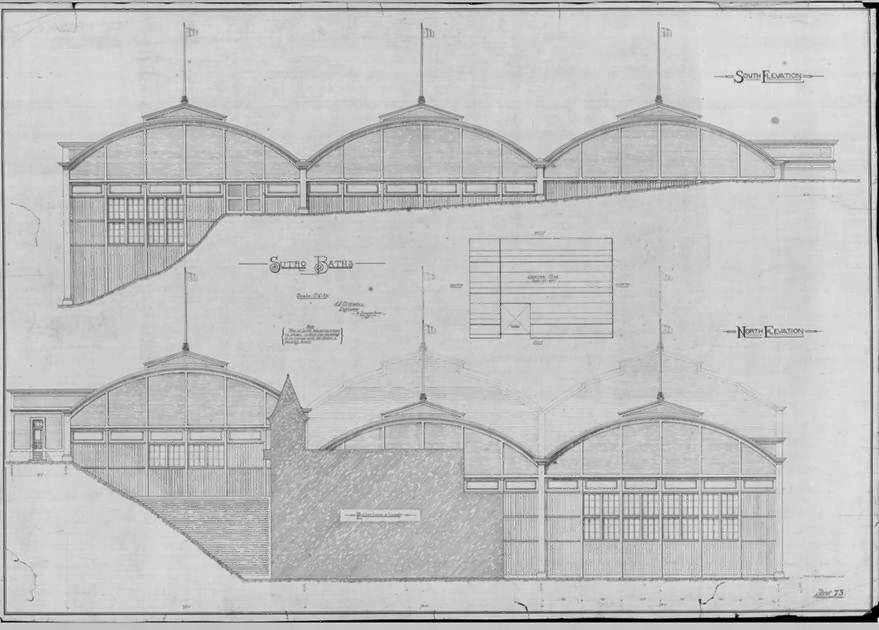Elevation drawings for the north and south facades of the main bathhouse, Sutro Baths, San Francisco, CA. San Francisco Public Library.
