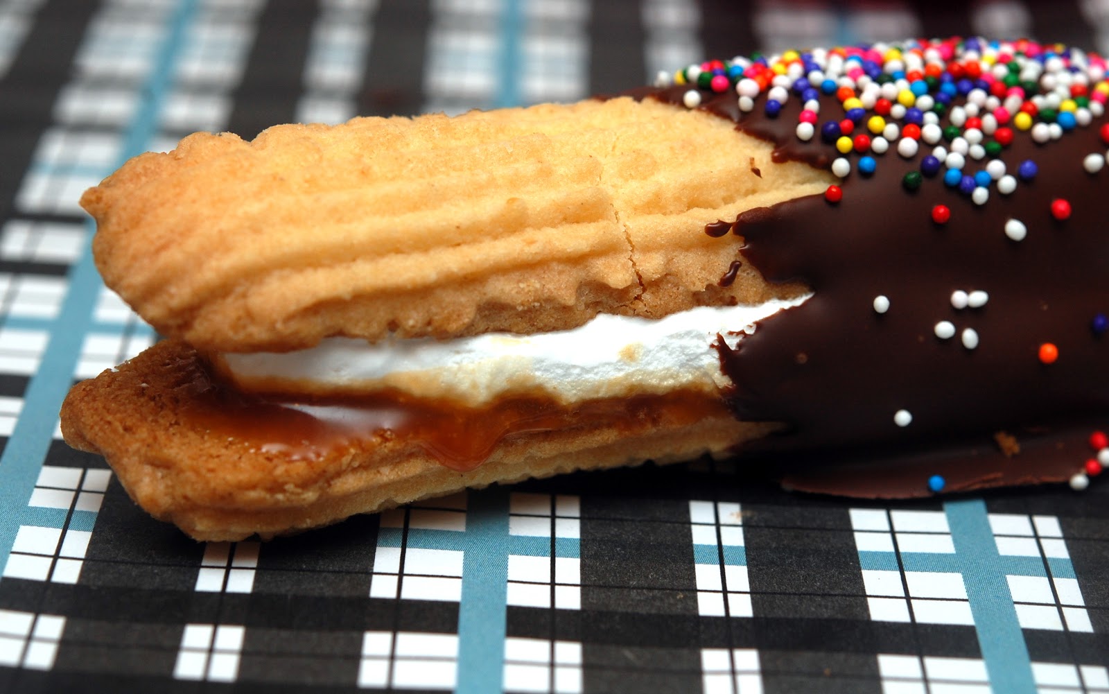CARAMEL MARSHMALLOW TOFFEE SHORTBREAD COOKIES DIPPED IN DARK CHOCOLATE