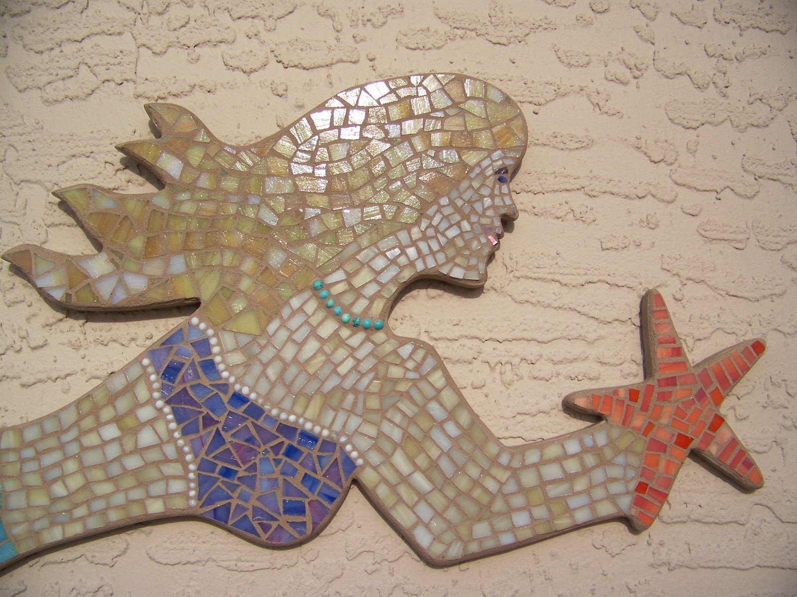 Blue Wave Glass Mosaic Mermaid Wall Art Beach Home Decor