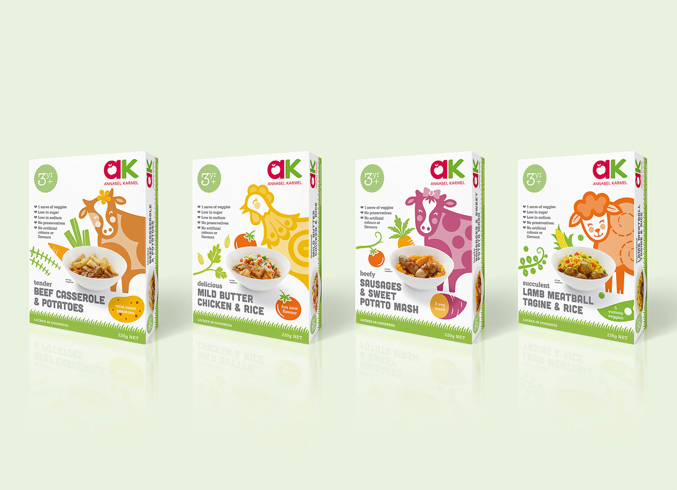 Photo of Annabel Karmel food packaging. Annabel Karmel food packaging for toddlers 3= years. Design by Dessein, Perth Western Australia.