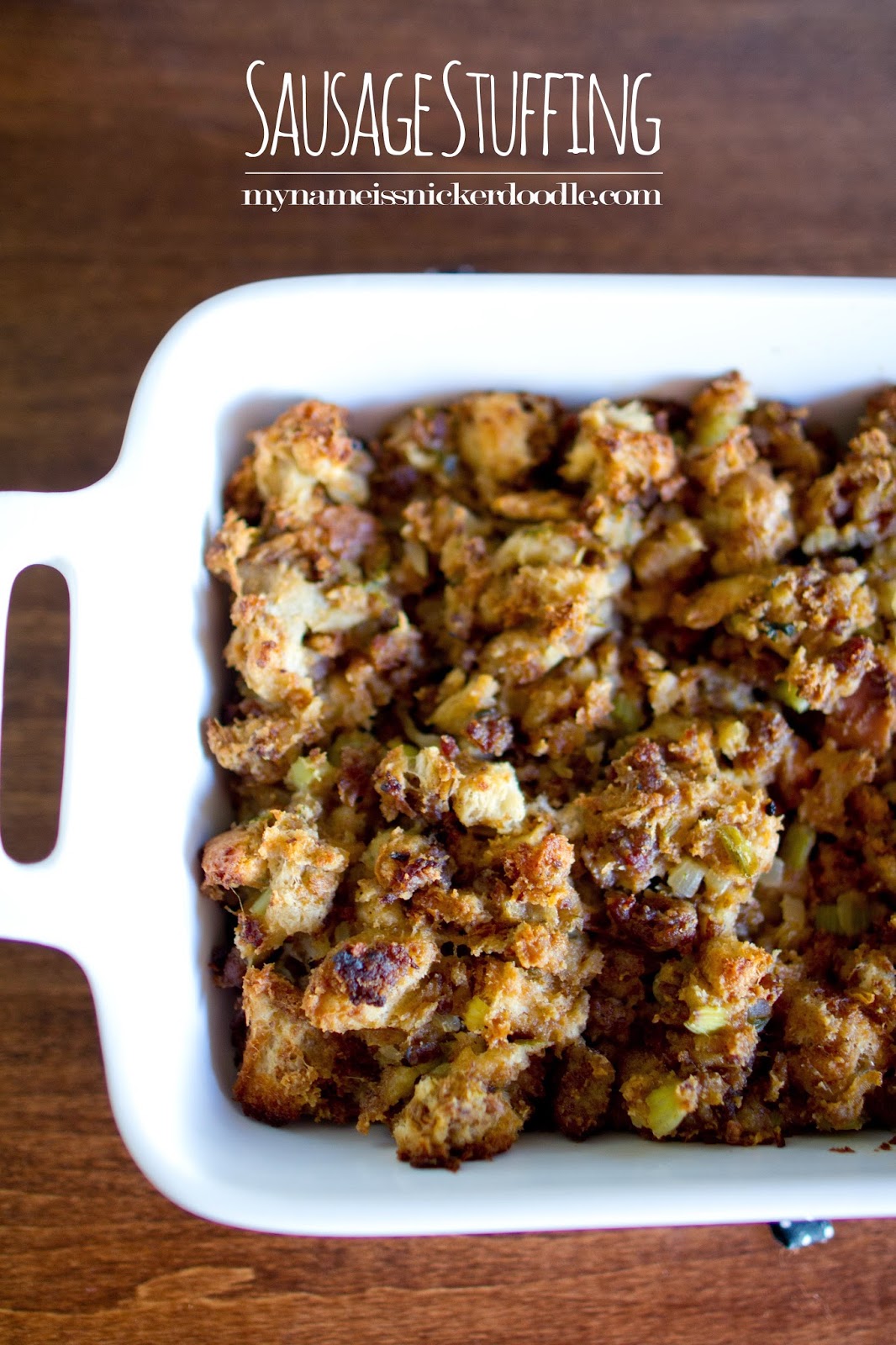 This Thanksgiving Stufing/Dressing comes together in no time! This savory side is made with crusty bread, sausage and onions. So delicious! | My Name Is Snickerdoodle This Thanksgiving Stufing/Dressing comes together in no time! This savory side is made with crusty bread, sausage and onions. So delicious! | My Name Is Snickerdoodle