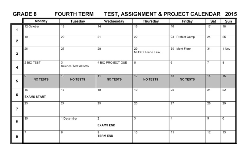 school assignments calendar