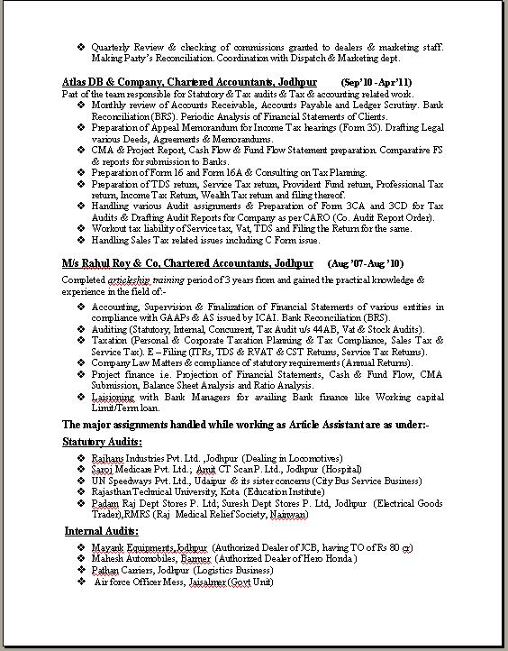 ca professional resume format free download