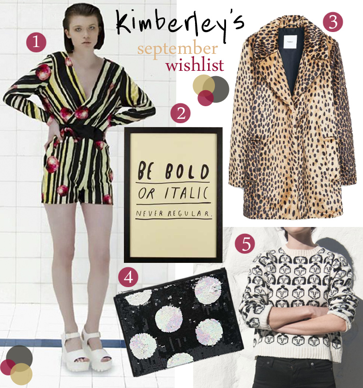 Kimberley's Fashion Wishlist September 2015 Mango leopard print coat, ASOS embellished spot bag, Rita Gomes, wasted Rita, Be Bold Print Howkapow, Dead Sleekit Apple Playsuit, Leah Goren Face Knit Sweater, wishlist, AW15, blogger wishlist, blogger favourites