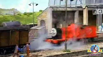 Elephant and Henry the tank engine sparkly red splendid James the train at Knapford station yard