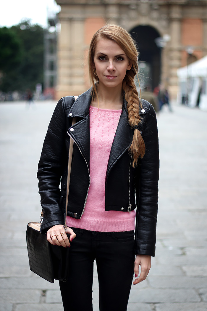 Black Pink Karamode Zara Leather Biker Jacket Black And Pink Casual Fall Outfit
