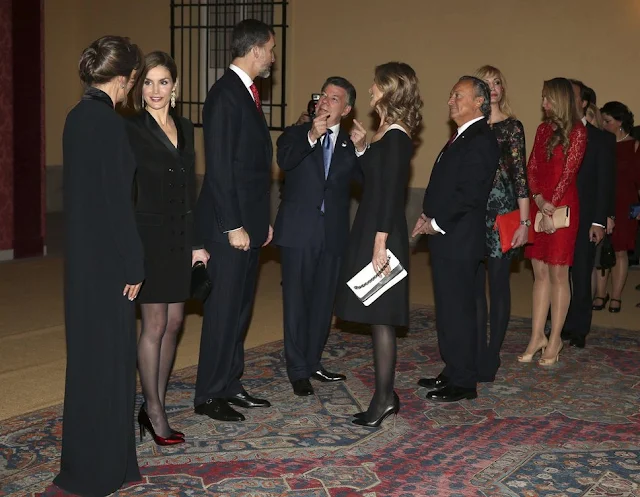 King Felipe VI of Spain and Queen Letizia of Spain attends the official reception of a dinner to Colombian President Juan Manuel Santos and his wife Maria Clemencia Rodriguez held at El Pardo Palace in Madrid, 