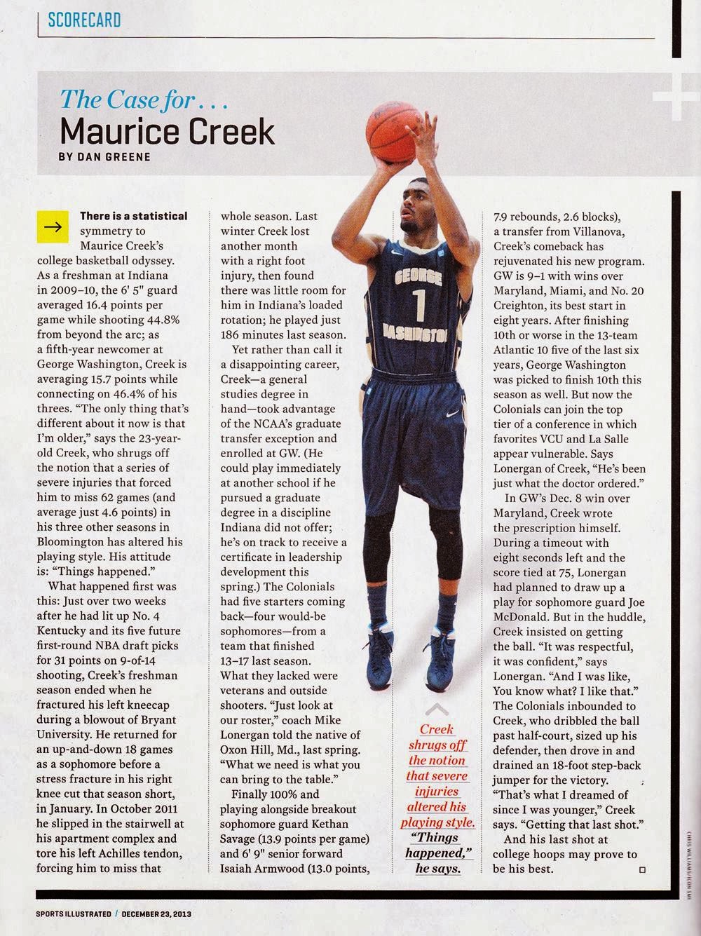 Maurice Creek (and GW) gets full-page article in this week\u0026#39;s Sports ...