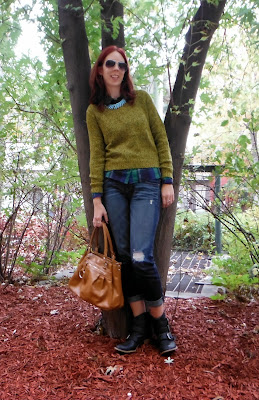 Casual.style featuring H&M sweater and Express distressed jeans, plaid shirt from M for Mendocino with purse from winners, sunglasses and Kenzi boots, Shop For Jayu necklace