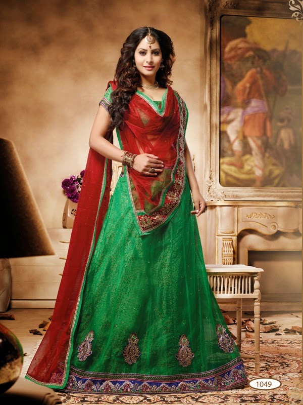 Red and Green Net Bridal Lehenga Choli