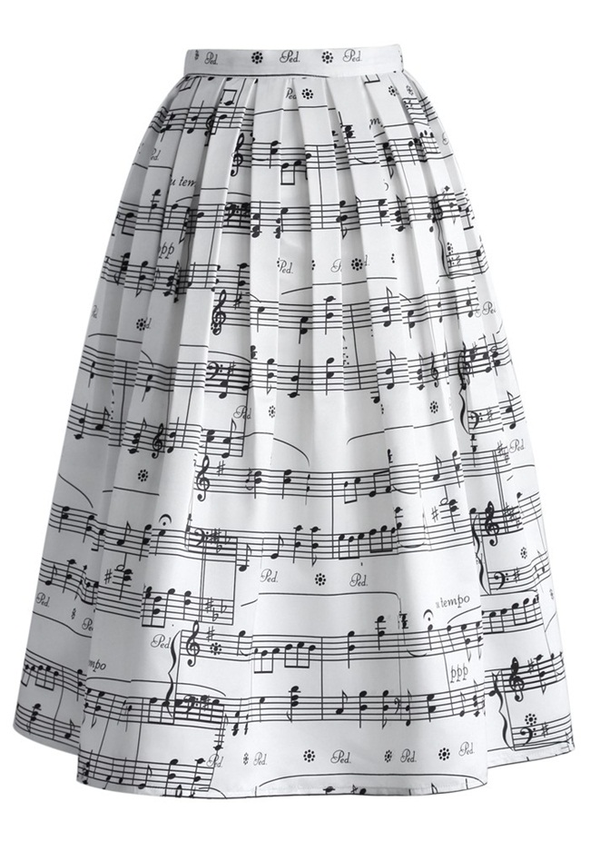 Chic Wish 2015 SS Dance With Music Notes Pleated Midi Skirt 
