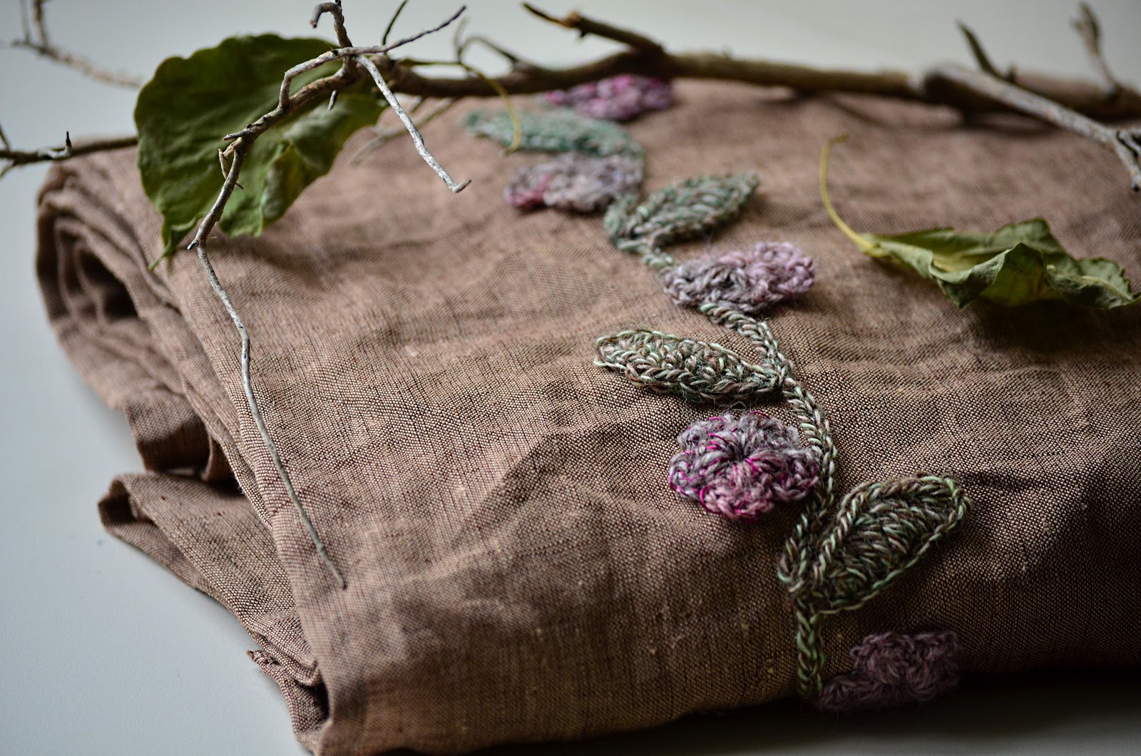 Outstanding Crochet Linen scarf with crochet embellishment.