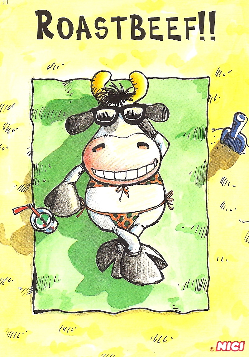 My Favorite Funny Postcards Cows Roastbeef! (cow sunbathing)