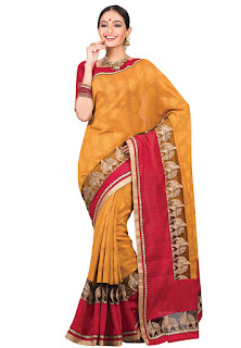 Mustard And Red Coloured Green Silk Saree