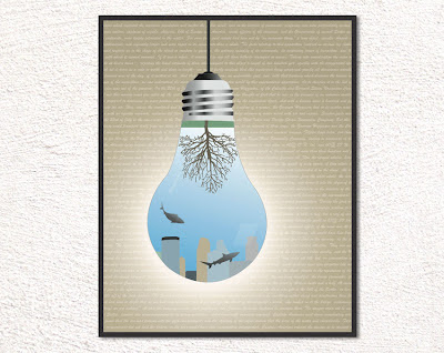 framed illustration of an underwater world inside a light bulb