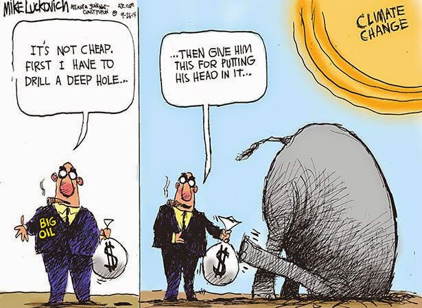 Businessman holding bag of money:  It's not cheap. First I have to dig a deep hole, then convince hime (picture of GOP elephant burying his head in the sand under sun labeled 