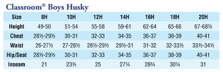 Boys Husky Size Chart