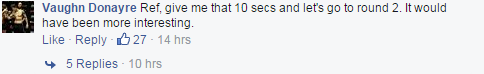Vaughn Donayre's comment on ONE FC FB Page's post about his fight against Peter Davis. Vaughn Donayre vs. Peter Davis FB comment ONE FC 21