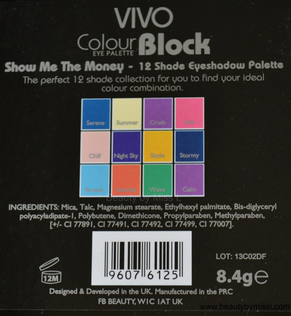 Vivo Cosmetics Show Me The Money 12 Shade Colour Block eye shadow palette ingredients