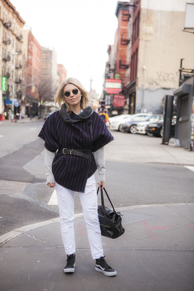 Fashion Over Reason in NYC, Suno poncho, Zara distressed denim, white boyfriend jeans, Vans high top sneakers, leather Vans, Vansgirls Fashion Over Reason in NYC, Suno poncho, Zara distressed denim, white boyfriend jeans, Vans high top sneakers, leather Vans, Vansgirls