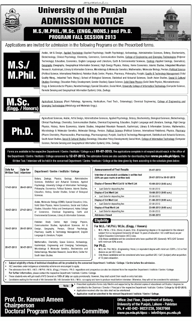 Punjab University Announced Admission for Session 2013