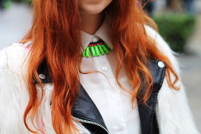 details street style, red hair, neon necklace