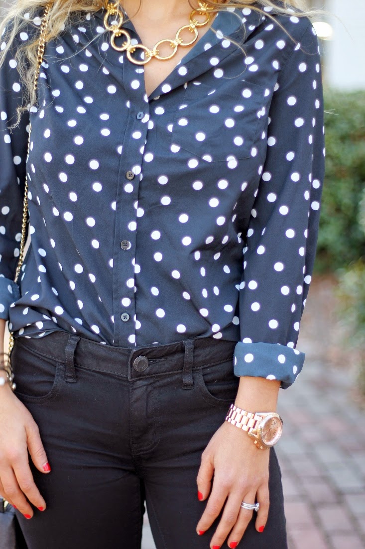 blue polka dot shirt outfit