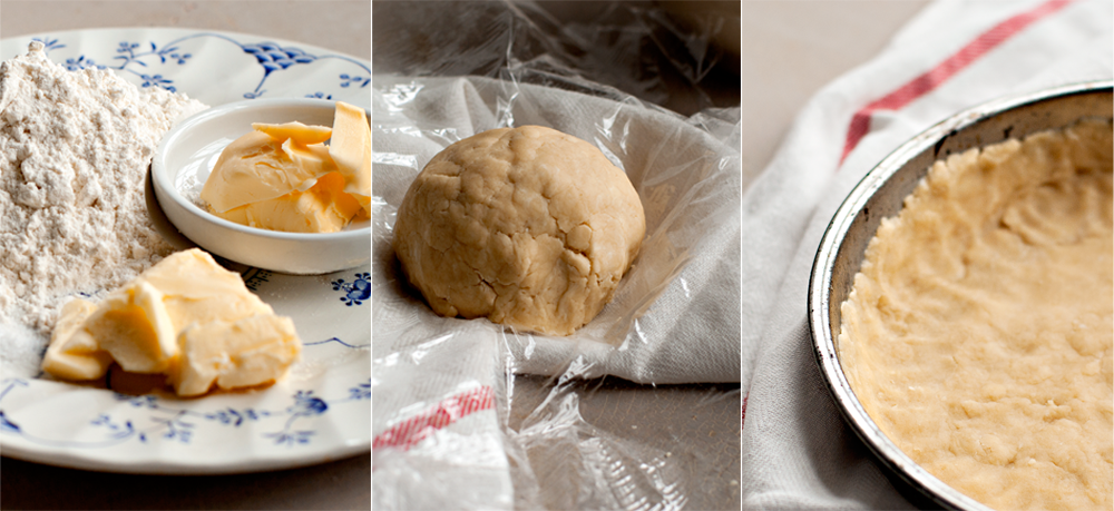 flour, butter, lard, pastry dough, tart pan a triptych of pastry ingredients, pastry dough, and a pastry-lined tart pan