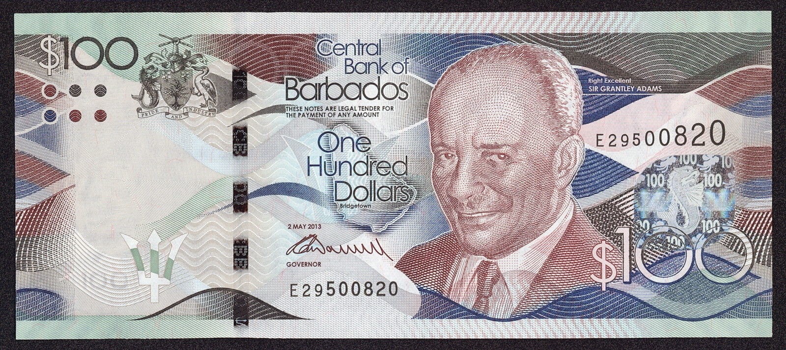 Barbados 100 Dollars banknote 2013 Sir Grantley AdamsWorld Banknotes