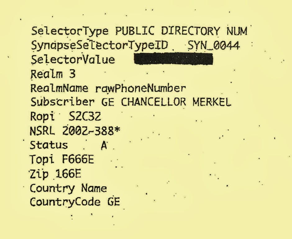 NSA record mentioning the phone number of the German chancellor
