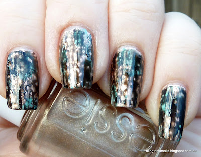 OPI Black Spotted over Essie Penny Talk and China Glaze For Audrey