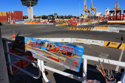 plein air oil painting by artist Jane Bennett of the last non automated straddle cranes operating at Patrick Terminal Port Botany