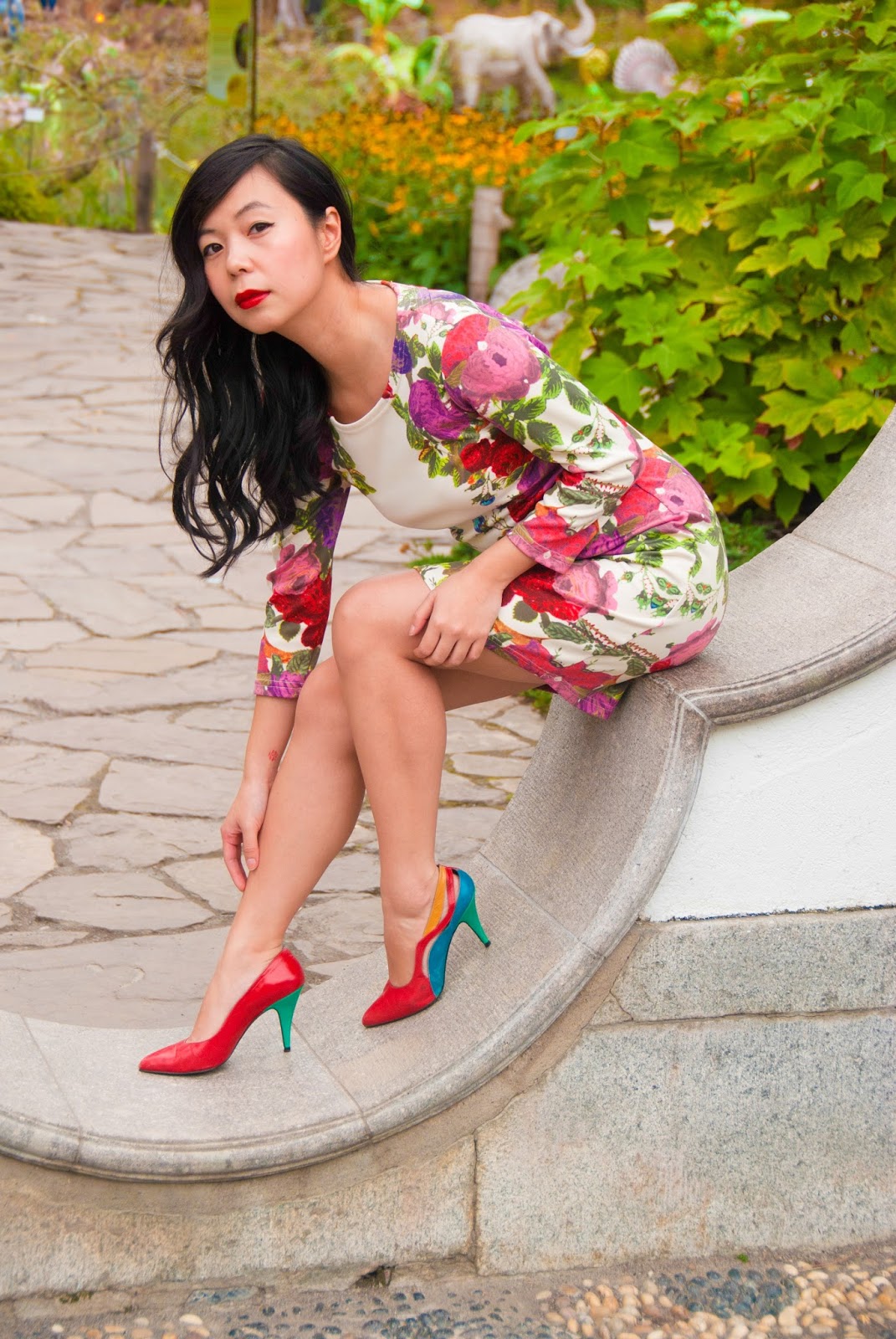 floral garden dress cutout backless colorblock heels pumps red lips