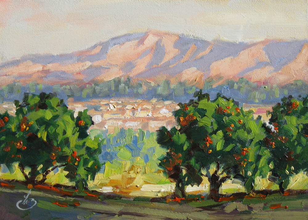 TOM BROWN FINE ART ORANGE GROVE & MOUNTAINS, 6x8 INCH CALIFORNIA