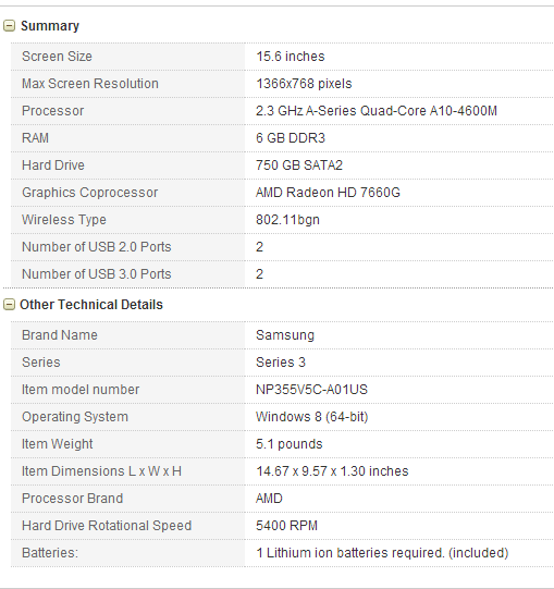 Specifications Samsung Series 3 NP355V5C-A01US