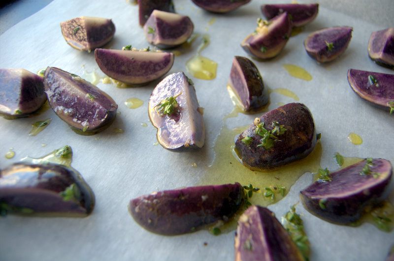 365 Days of Baking and More Day 205 Roasted Thyme Blue Potatoes
