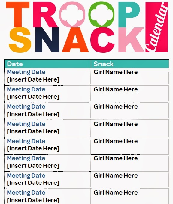 Snack Calendar Printables : I am girl scouts snack calendar a must have Snack Calendar Printables : I am girl scouts snack calendar a must have