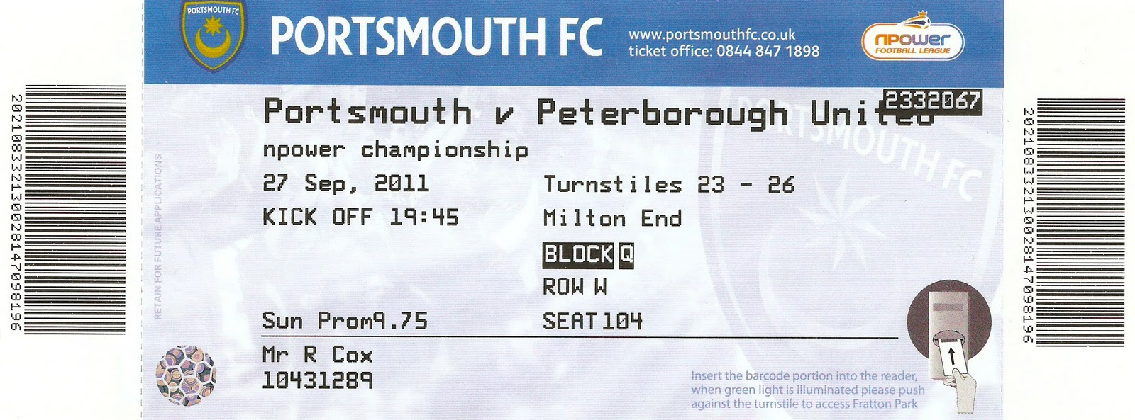 FC Portsmouth TICKET UEFA Cup 2008/09 VfL Wolfsburg 