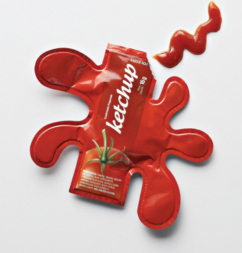 Fun ketchup sachet design, but a little goofy and lots of material