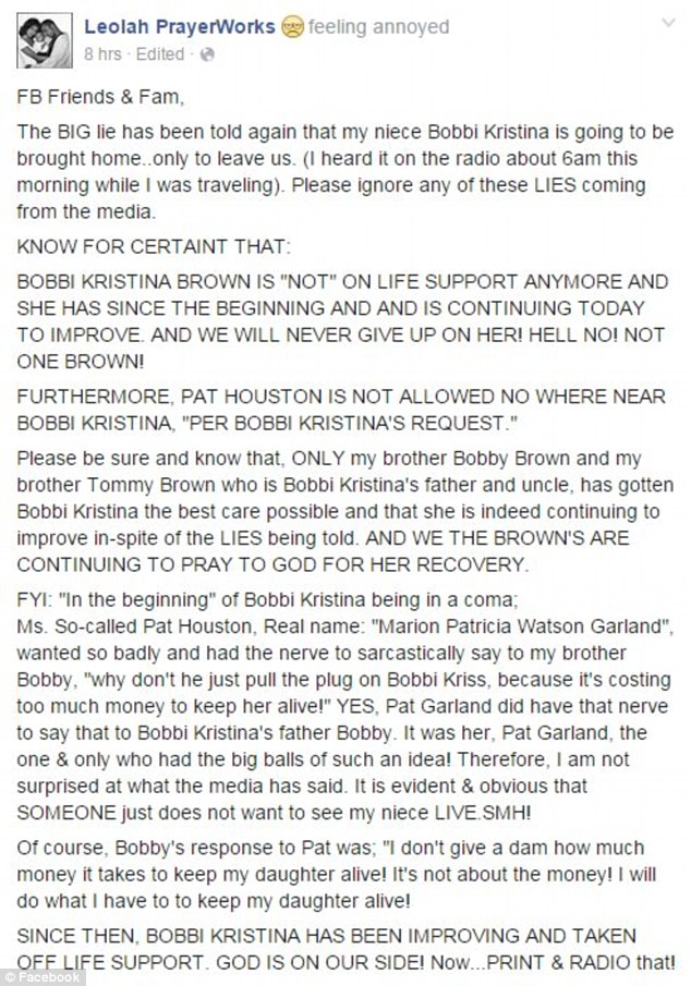 Bobbi Kristina Brown's Aunt Slams Reports that Bobbi is being Taken Home to Die